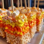 Close-up view of colorful Candy Corn Rice Krispies Treat Pops on wooden sticks.