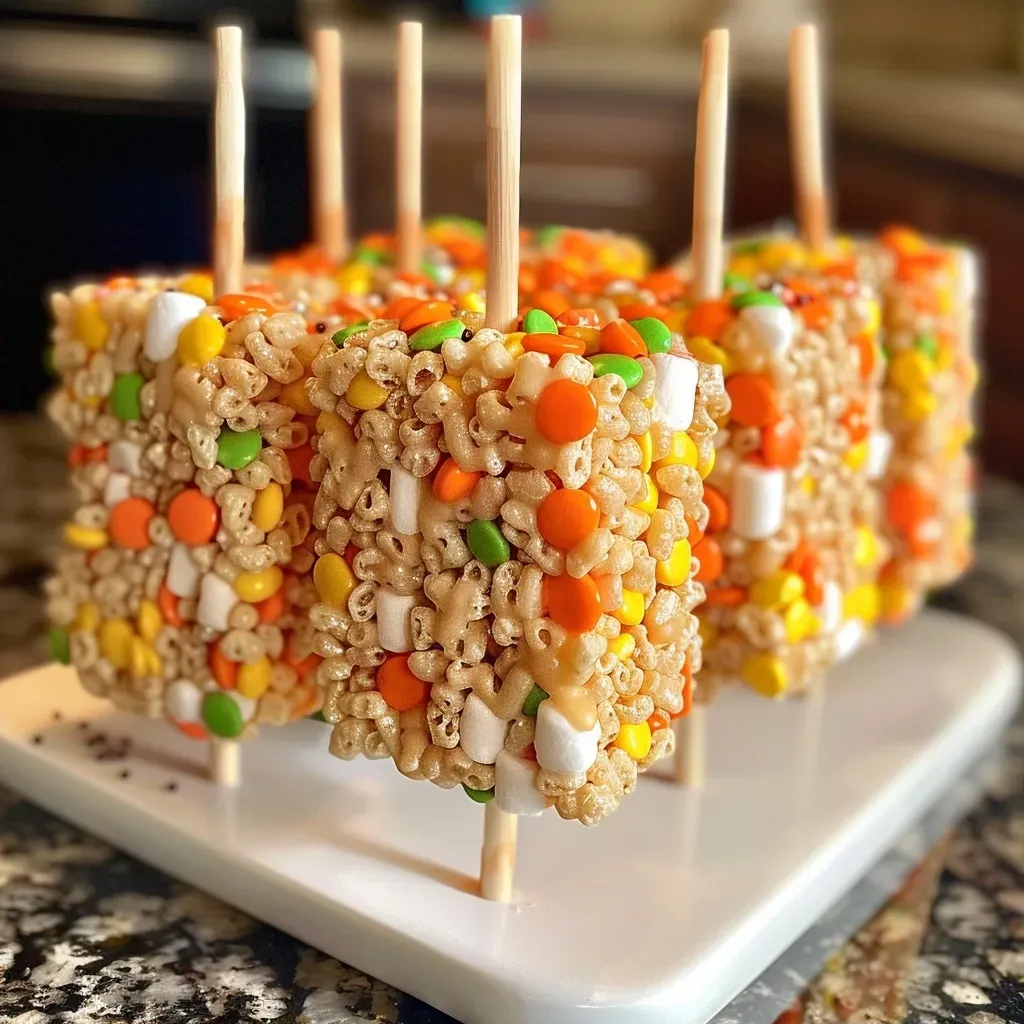 Side view of delicious Candy Corn Rice Krispies Treat Pops decorated with sprinkles.