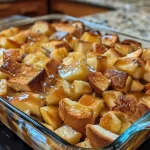 Close-up view of caramel apple bread pudding with a golden-brown crust and visible apple chunks.