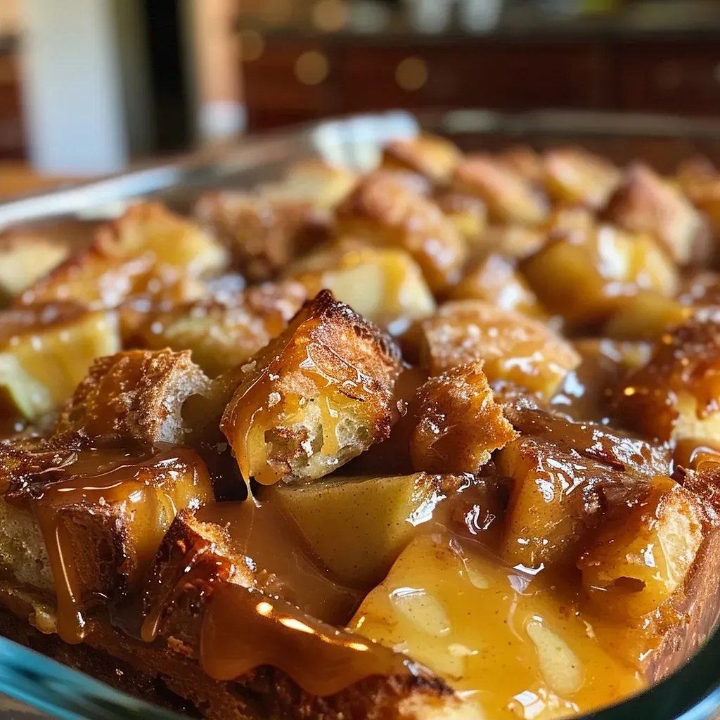 Side view of a slice of caramel apple bread pudding drizzled with caramel sauce and topped with apples.