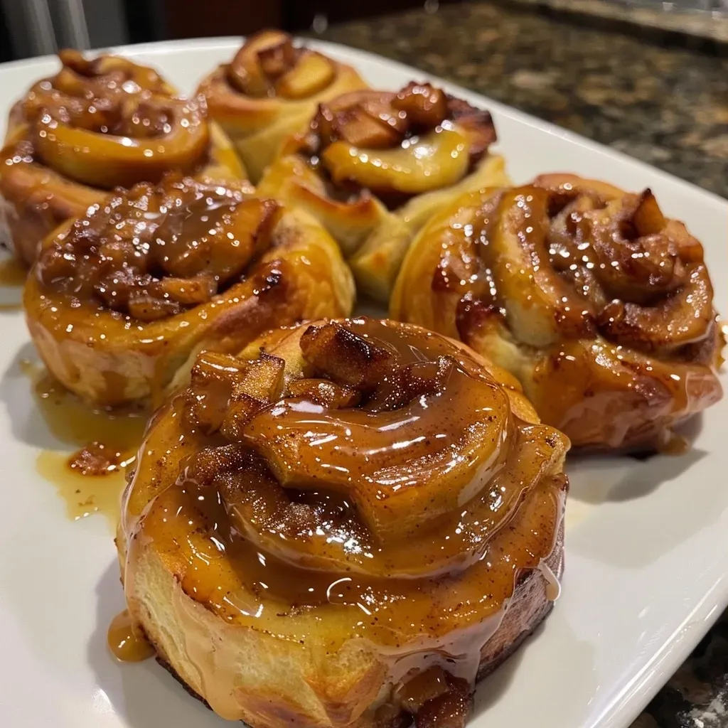 Close-up side view of caramel apple cinnamon rolls drizzled with caramel sauce.