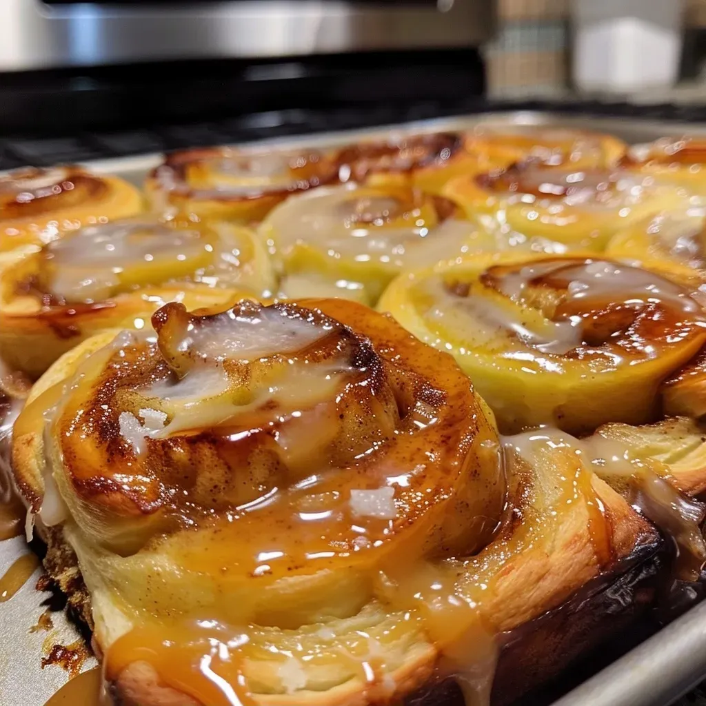 Juicy caramel apple cinnamon rolls topped with a glossy caramel glaze.