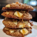 Close-up side view of caramel apple cookies with a rich golden-brown color and gooey caramel drizzle.