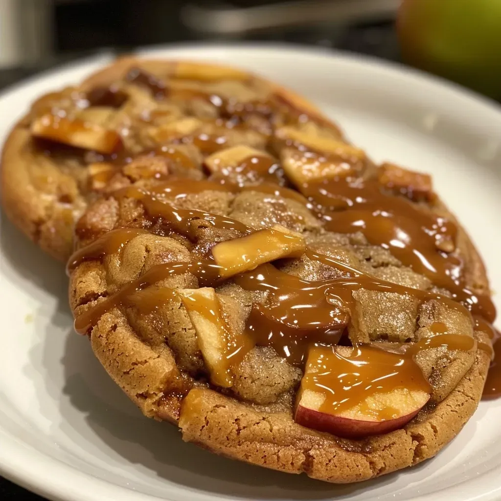 Delicious caramel apple cookies featuring chunks of green apple and a glossy caramel topping.