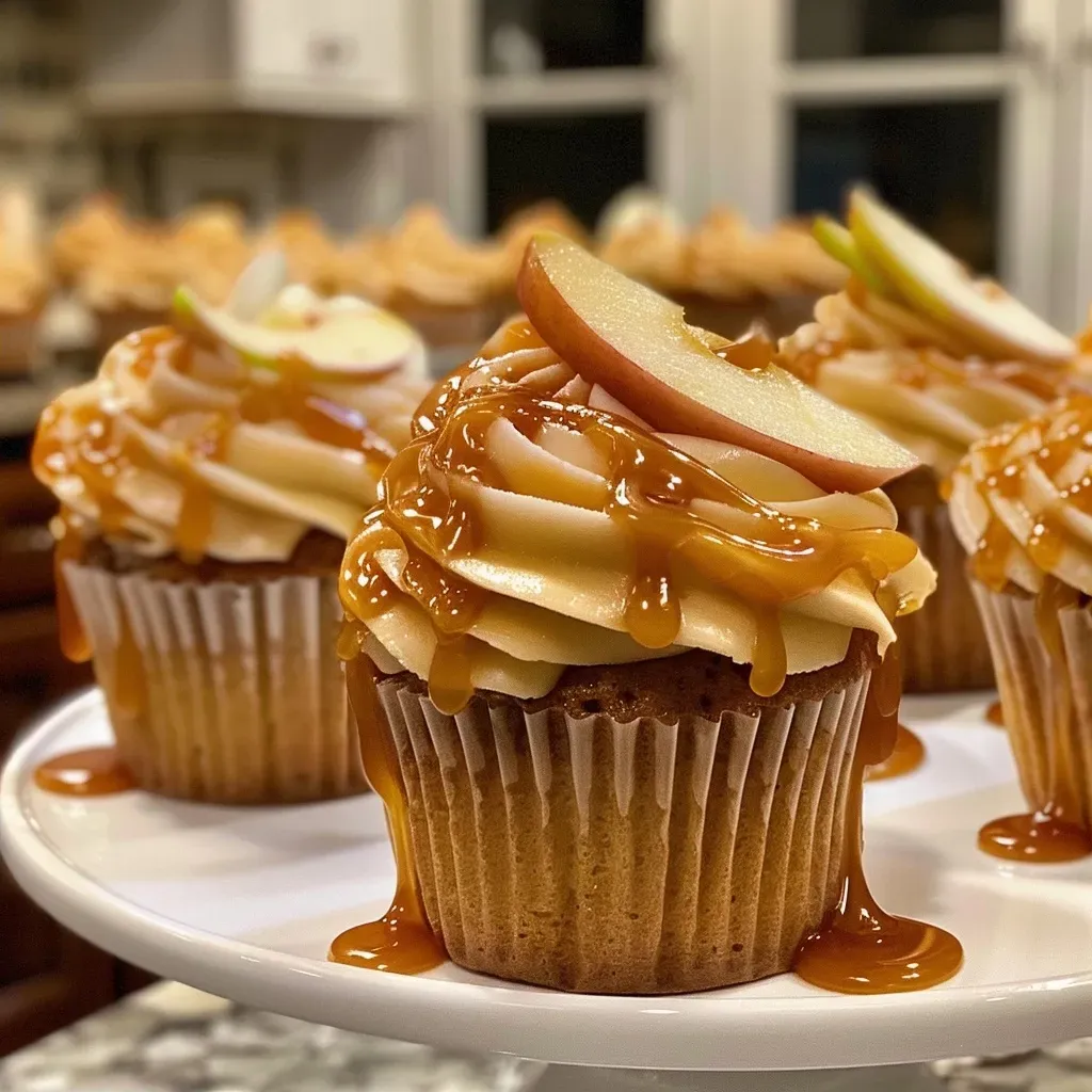 Close-up of a delicious caramel apple cupcake showcasing its frosting and apple garnish.