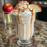Close-up of a creamy caramel apple milkshake topped with whipped cream and caramel drizzle.
