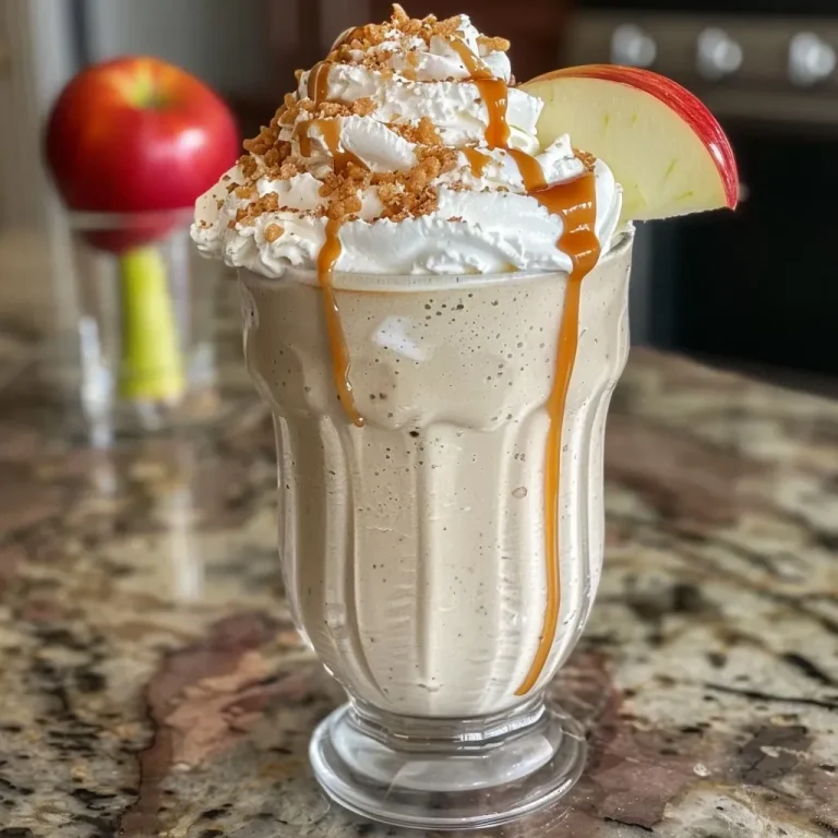 A Cozy Celebration: Crafting the Perfect Caramel Apple Milkshake Close-up of a creamy caramel apple milkshake topped with whipped cream and caramel drizzle.