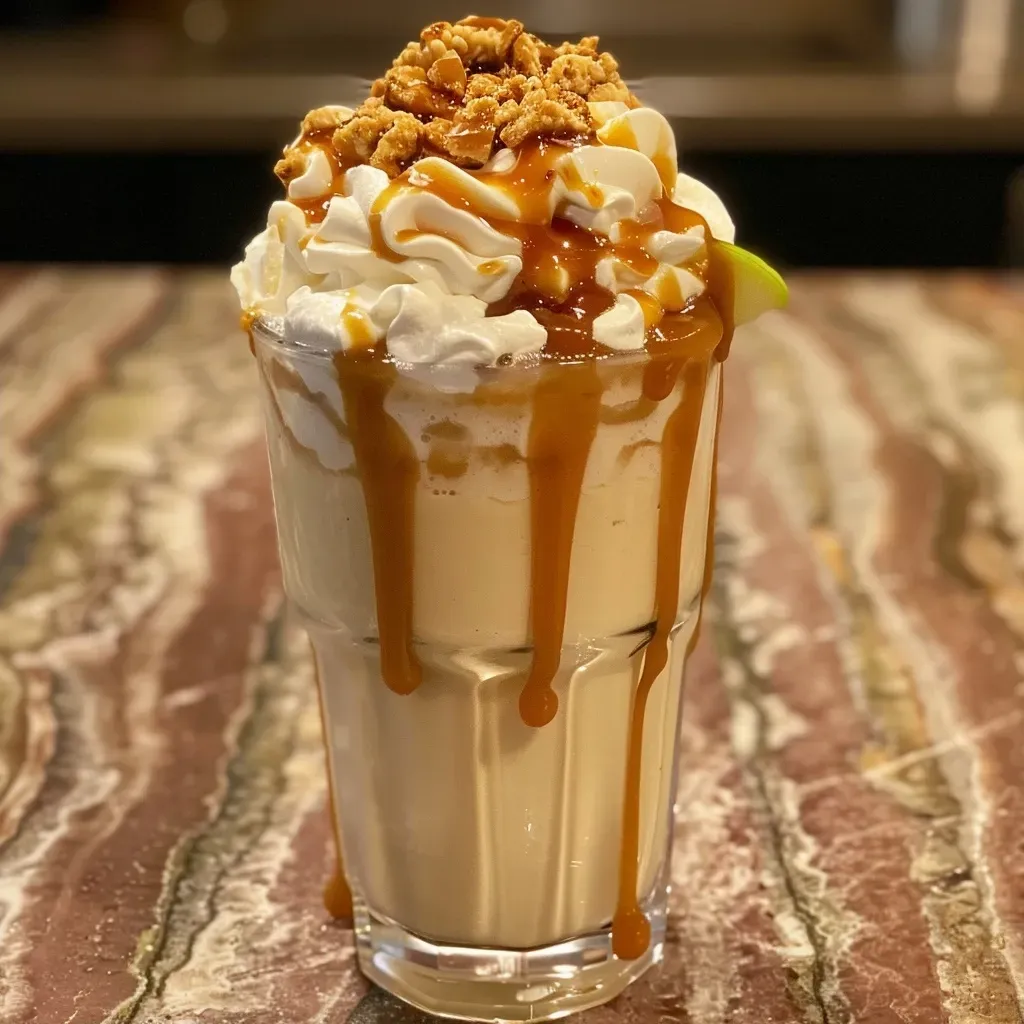 Side view of a delicious milkshake featuring caramel and apple flavors, garnished with a fresh apple slice.