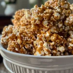 Close-up view of caramel apple popcorn balls, showing the glossy caramel coating and pieces of popcorn.