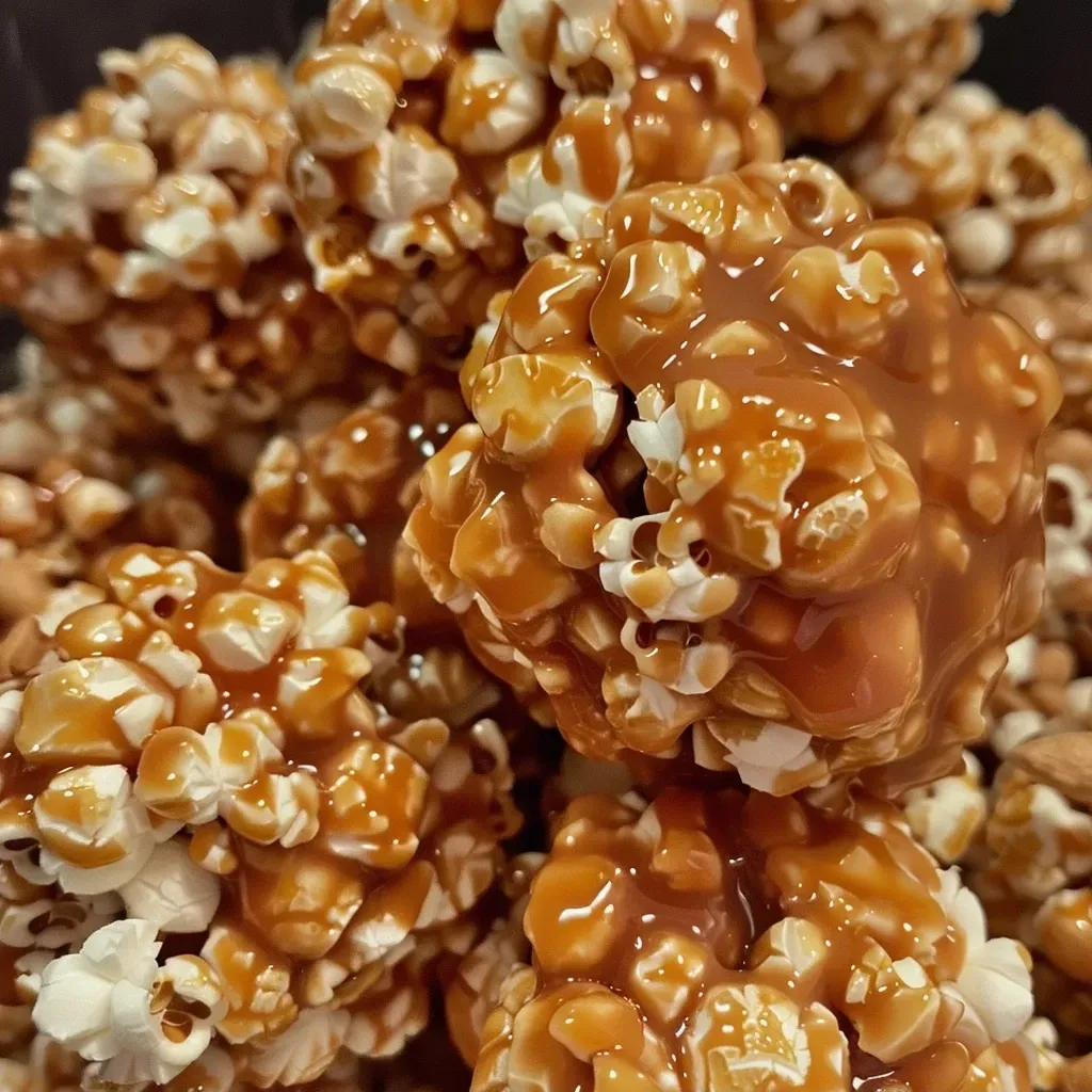 Side angle of delicious caramel apple popcorn balls, with visible apple juice concentrate and caramel drizzles.
