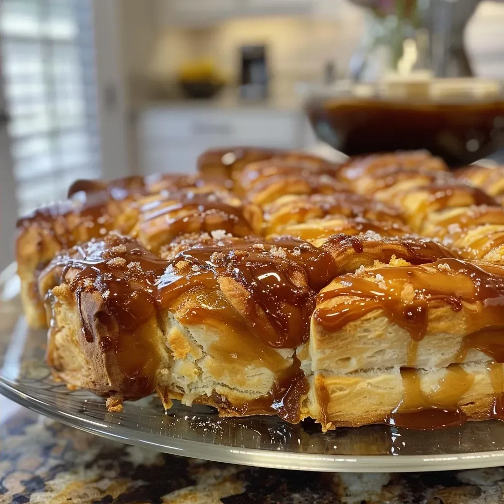 Side angle of caramel apple pull-apart bread, showcasing apple pieces and caramel sauce.