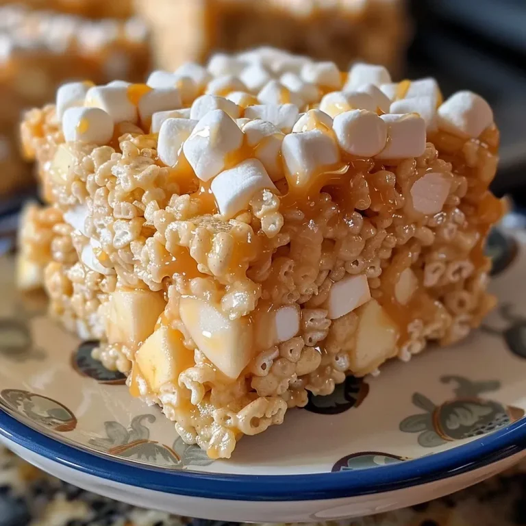 A Sweet Crunch: The Caramel Apple Rice Krispie Treats That Spark Joy Close-up view of Caramel Apple Rice Krispie Treats with visible apple chips and caramel drizzled on top.
