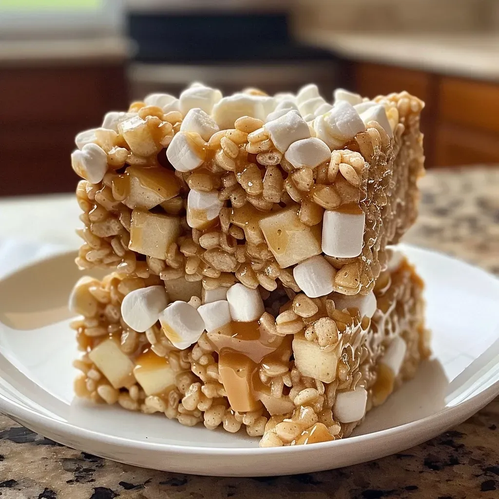Side angle of gooey Caramel Apple Rice Krispie Treats, showcasing marshmallows and rice cereal mixture.