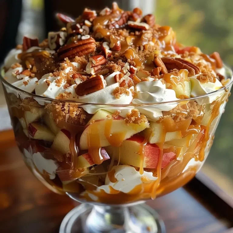 Close-up view of a luscious Caramel Apple Trifle in a glass dish with layers of apple mixture, pudding, and whipped cream.