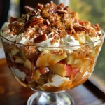 A close-up side view of a layered Caramel Apple Trifle showcasing apples, whipped cream, and caramel.