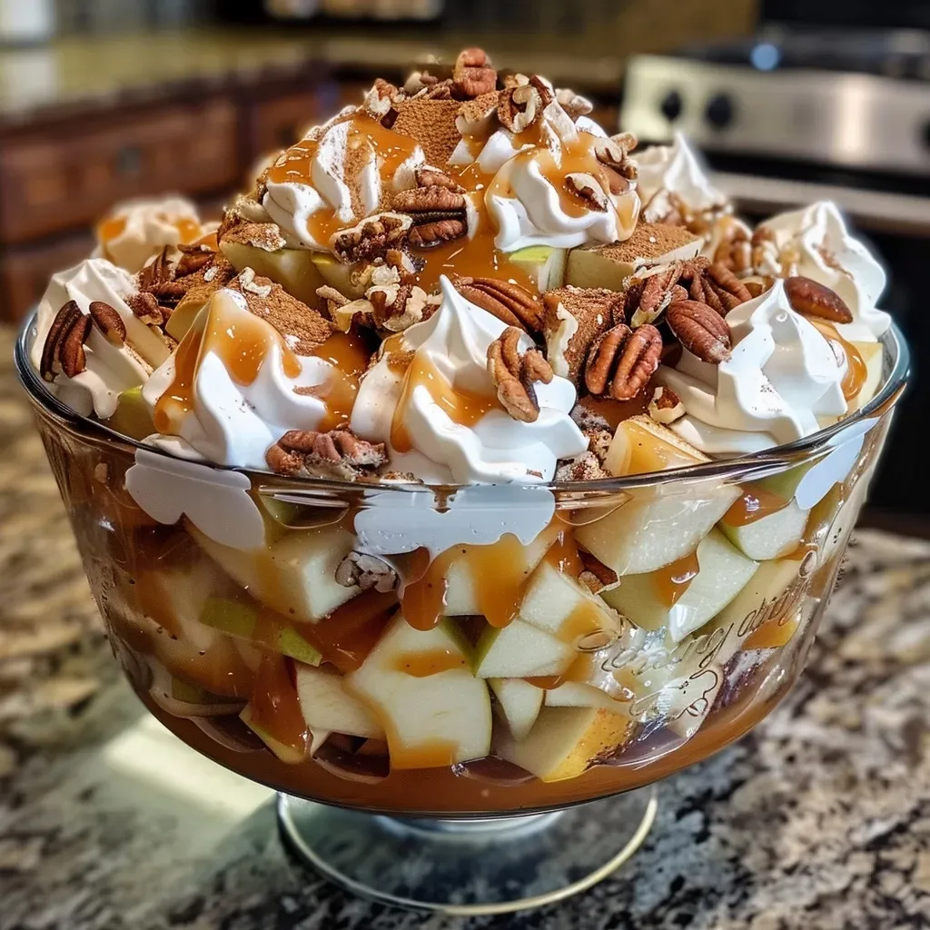 Layers of caramel, apple filling, and cream are visible in a delicious looking trifle dessert.
