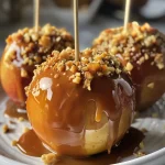 Close-up of a caramel-coated apple with a glossy finish.