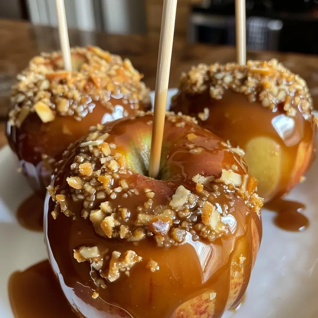 Side view of a juicy caramel apple, glistening with a thick layer of caramel.