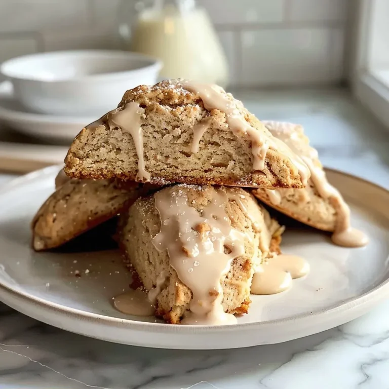 Side view of golden-brown Chai scones drizzled with maple glaze.