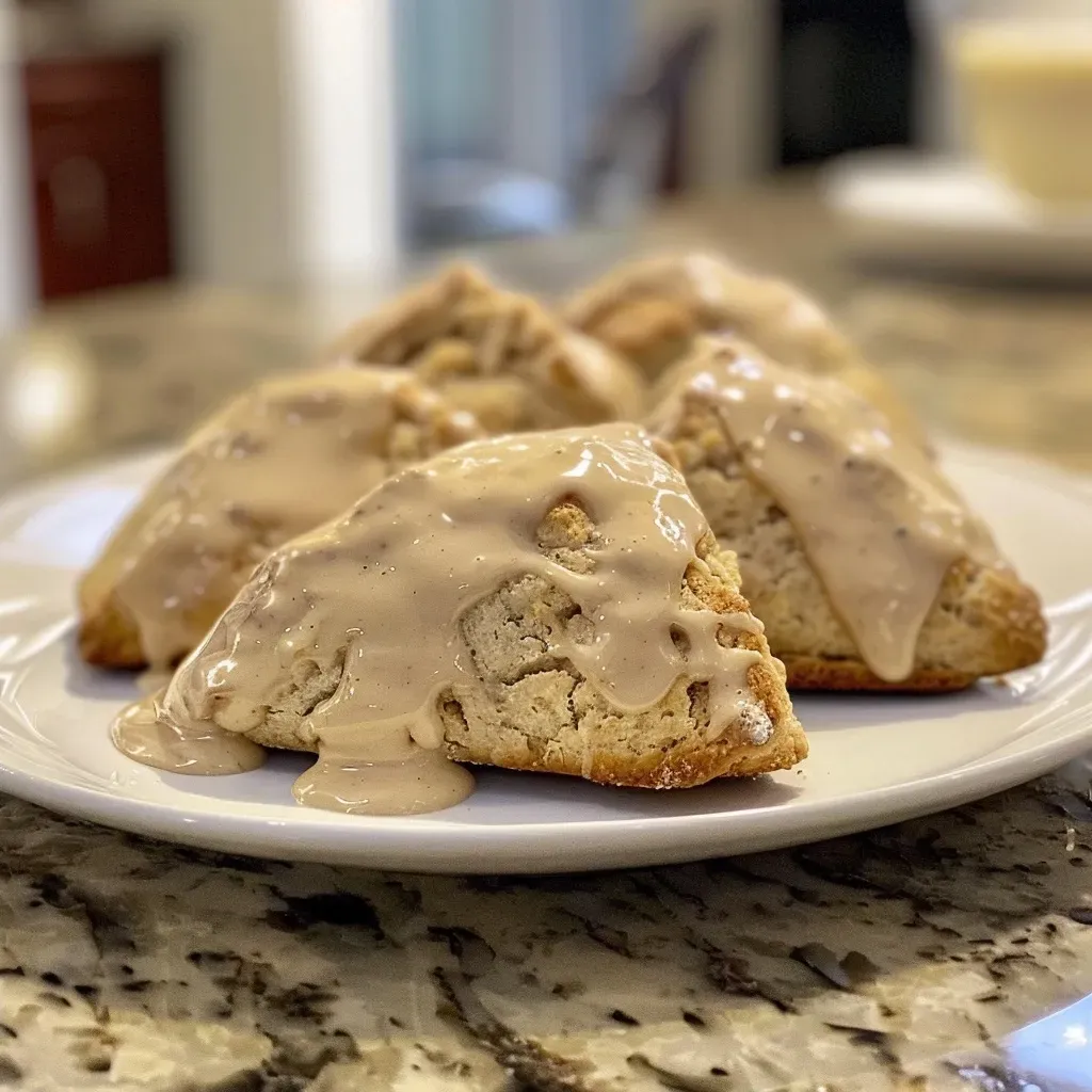 Close-up of freshly baked scones topped with a shiny maple glaze.
