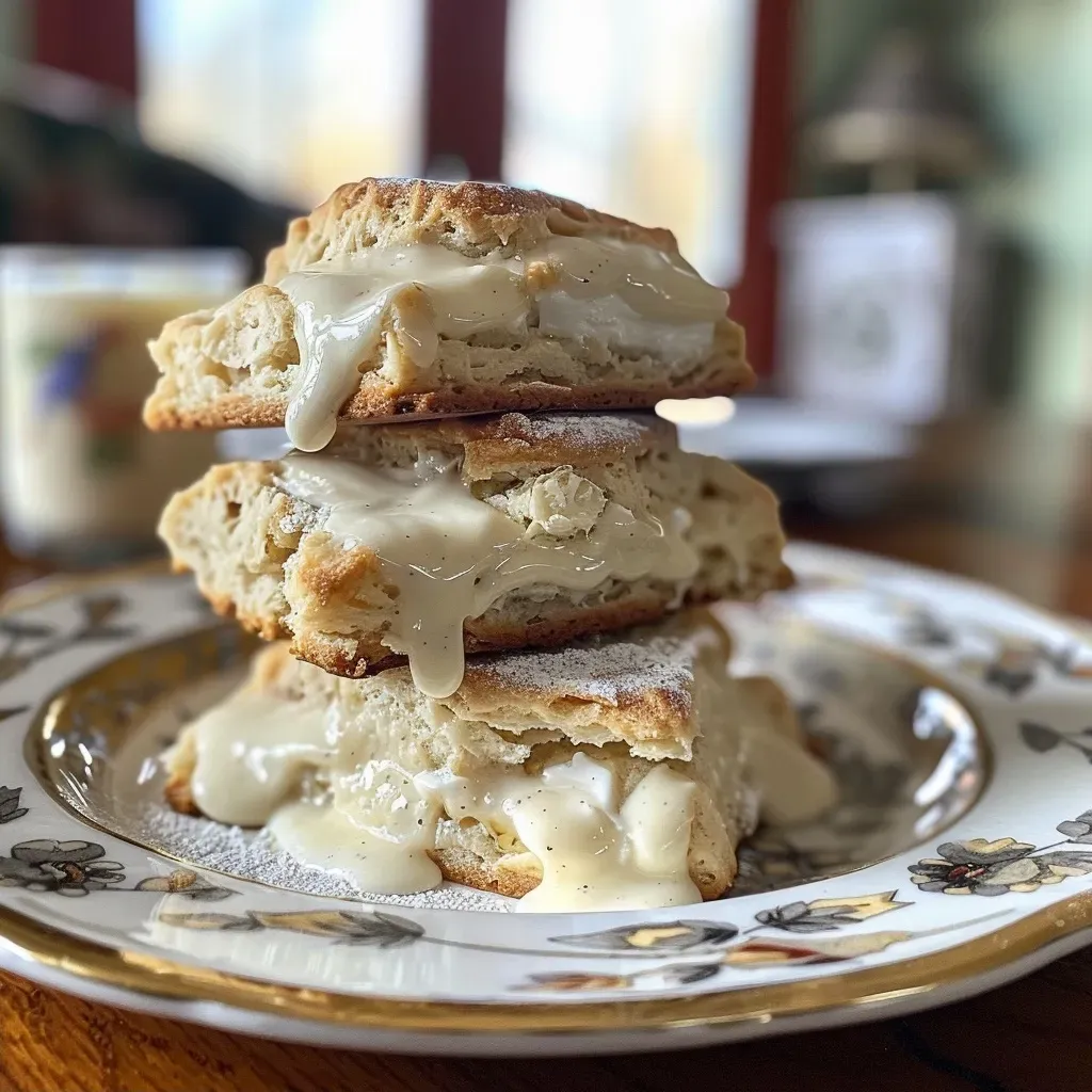 A side view of golden-brown chai scones drizzled with a shiny glaze.