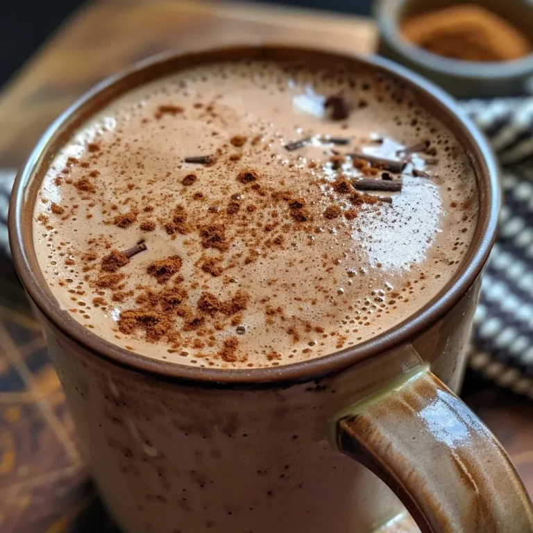 Warm Up with a Cozy Chai Spice Hot Chocolate that Dances on Your Palate Close-up view of a rich, creamy Chai Spice Hot Chocolate topped with coconut cream.