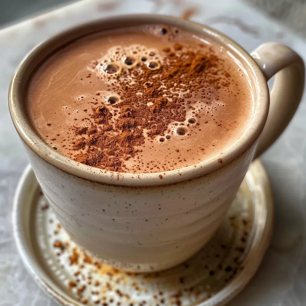 Side perspective of Chai Spice Hot Chocolate in a mug, showcasing its frothy texture.