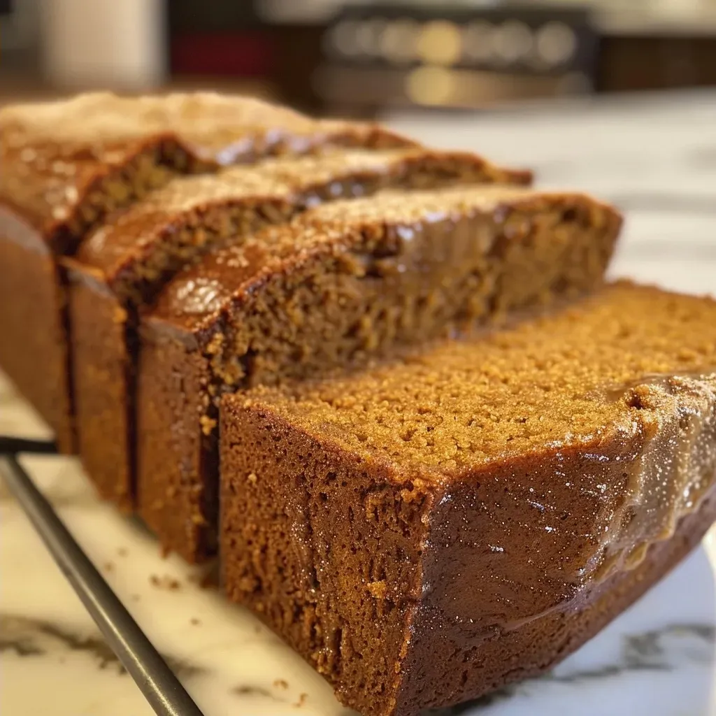 A slice of pumpkin bread showcasing its rich spices and maple glaze.
