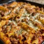 Close-up view of cheesy baked rigatoni with Italian sausage.