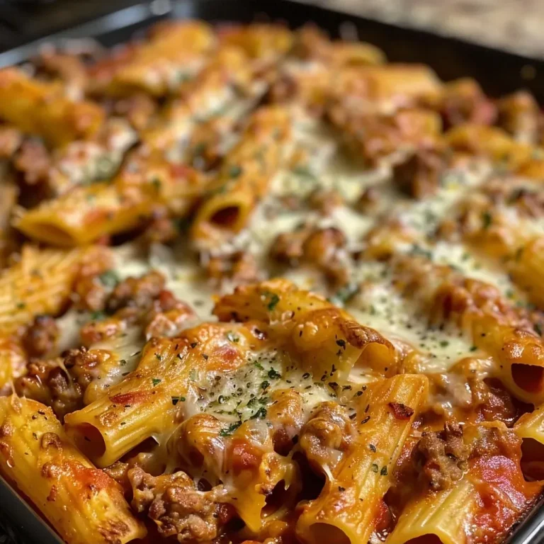 A Heartwarming Cheesy Baked Rigatoni: Gathering Around the Table with Love Close-up view of cheesy baked rigatoni with Italian sausage.