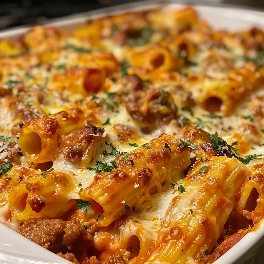 Juicy rigatoni pasta layered with melted cheese and sausage.