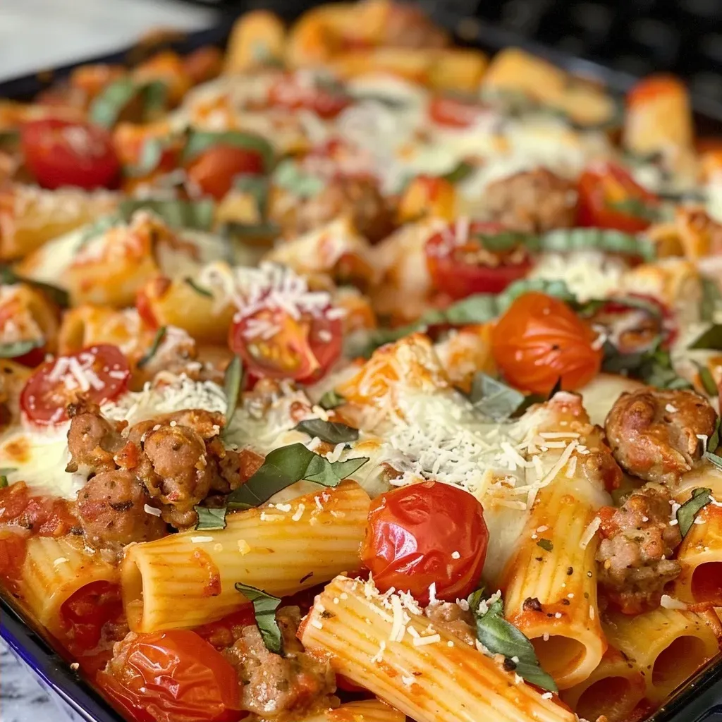 Side view of a dish featuring baked rigatoni topped with mozzarella, sausage, and fresh spinach in a rich marinara sauce.