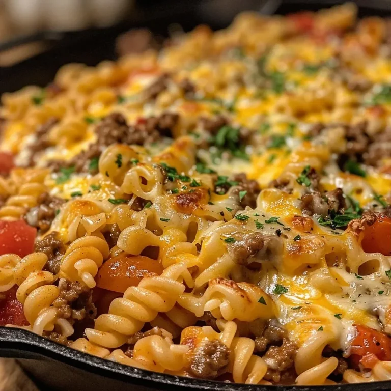 Close-up of a cheesy ground beef skillet with melted cheese and pasta.