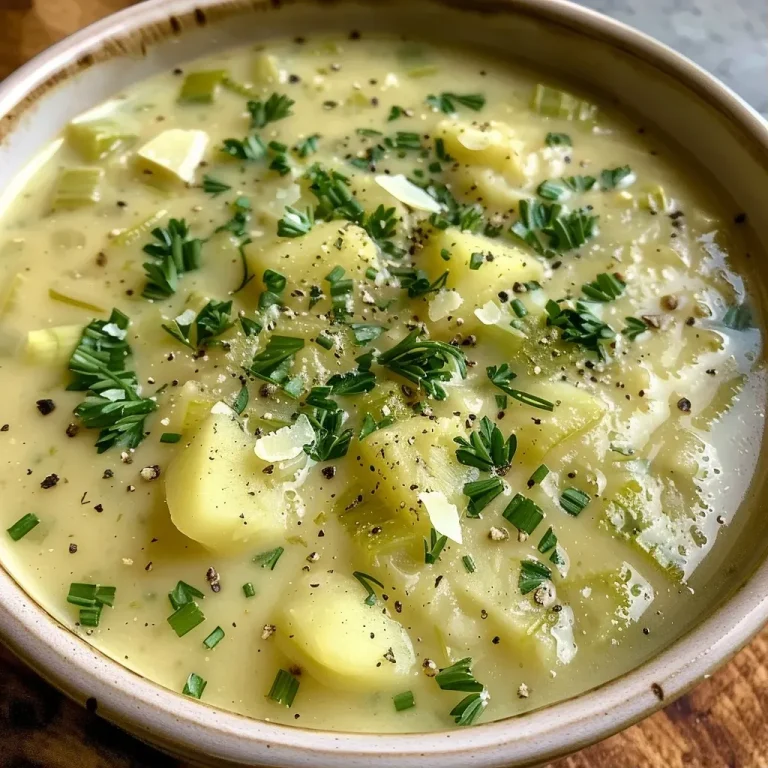 Close-up of a creamy Cheesy Potato and Leek Soup in a bowl, garnished with herbs.