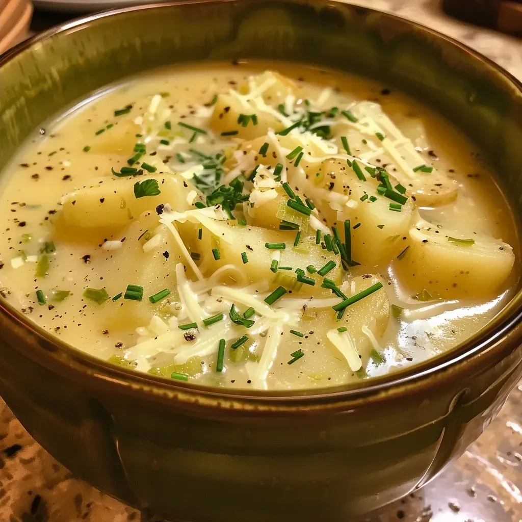 Side view of a luscious Cheesy Potato and Leek Soup, showcasing its creamy texture and cheese.