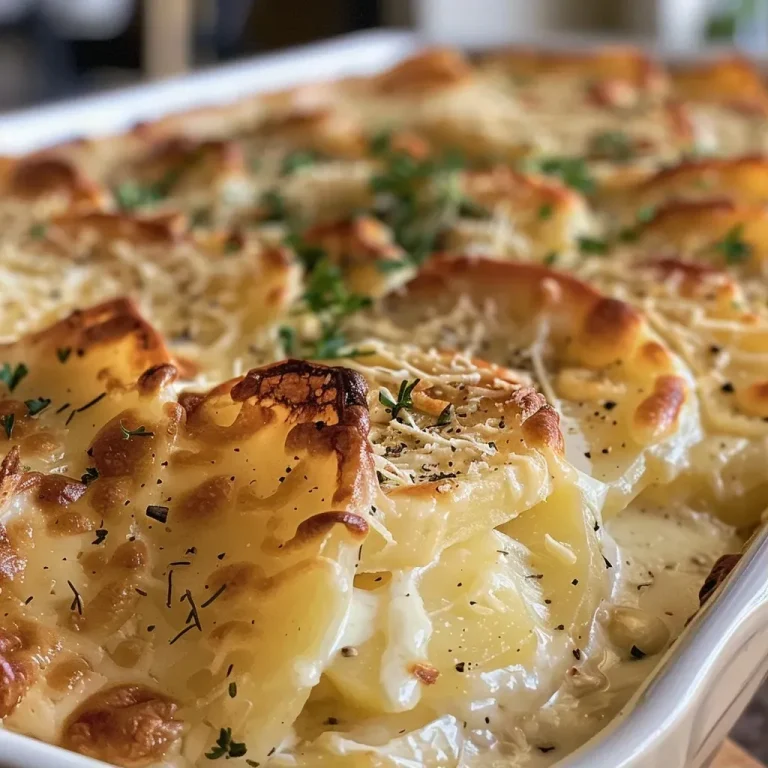 A Creamy Embrace: Cheesy Scalloped Potatoes to Warm Your Heart Close-up view of cheesy scalloped potatoes with melted cheese bubbling on top.