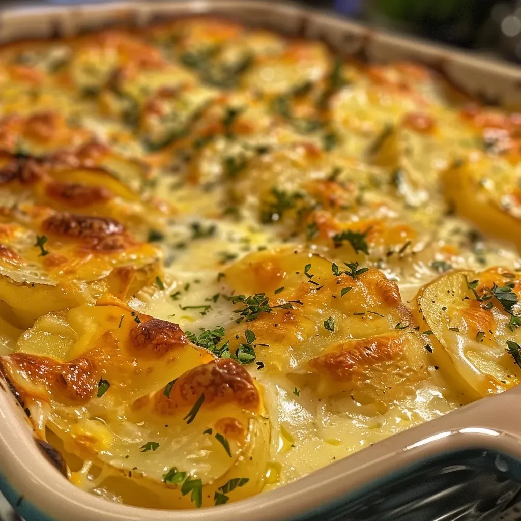 Side view of a creamy casserole dish filled with layered scalloped potatoes and cheese.