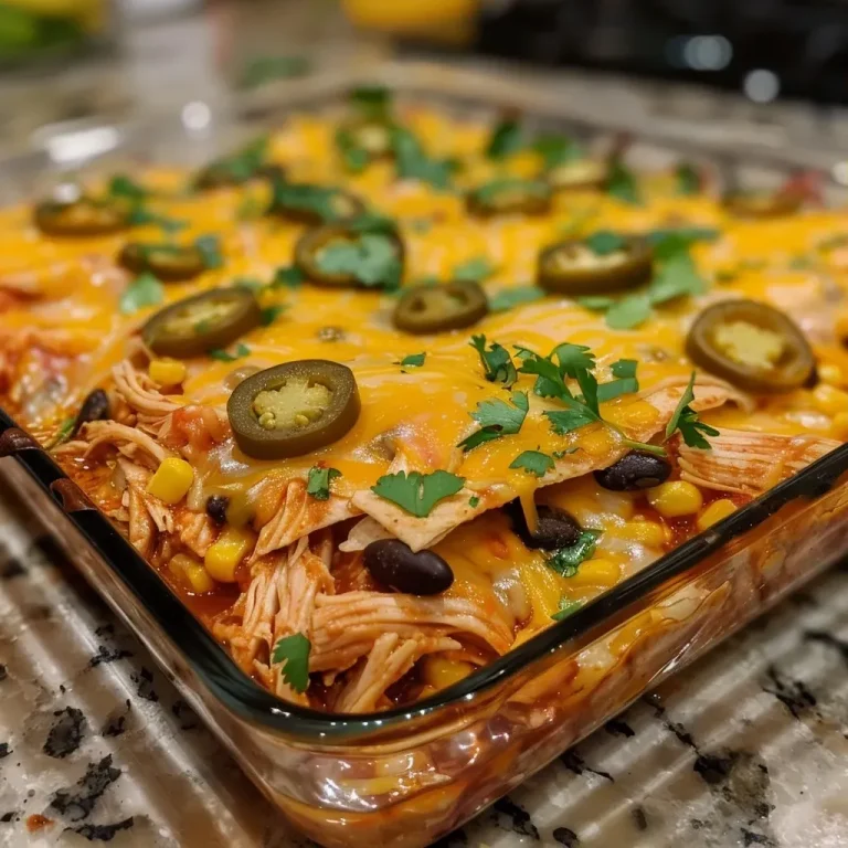 A Cozy Chicken Enchilada Casserole That Whispers Home and Heart Close-up view of a juicy chicken enchilada casserole with layers of tortillas and cheese.