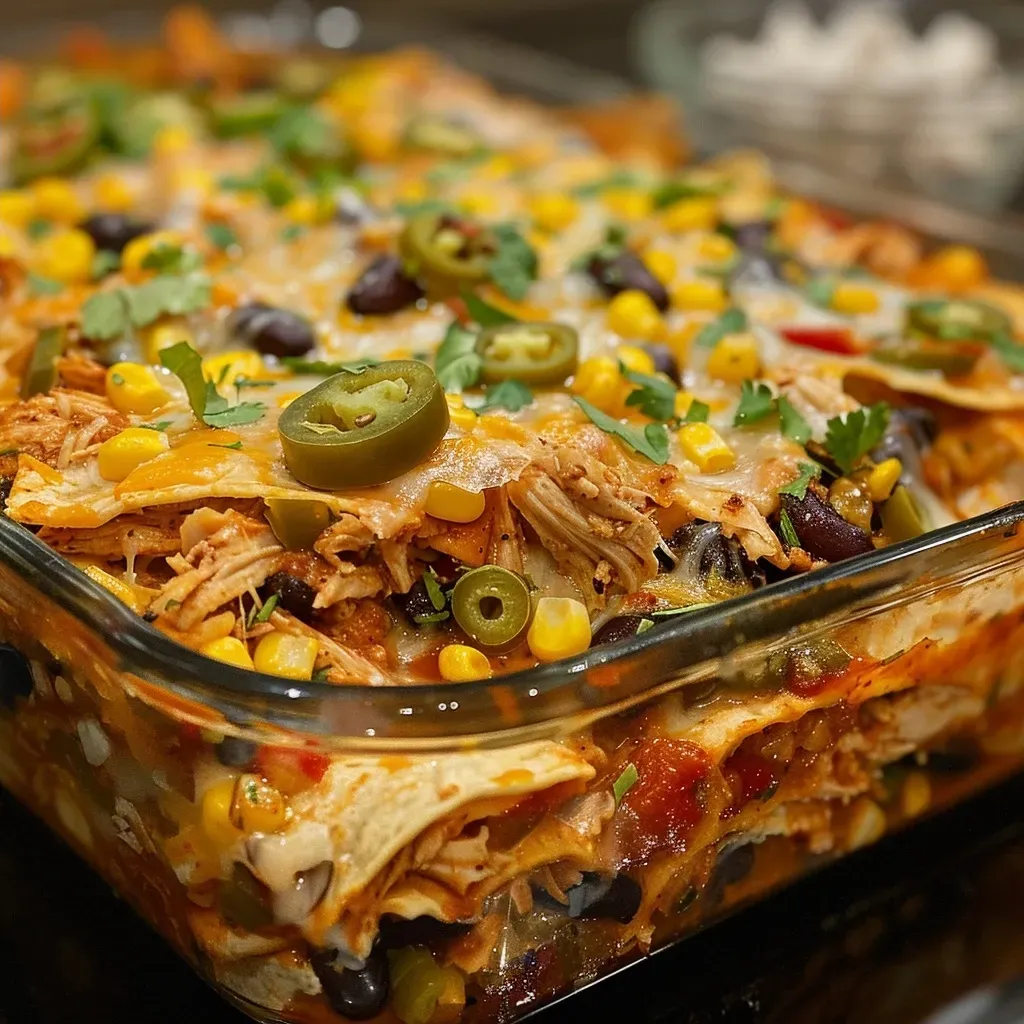 Side view of a delicious chicken enchilada casserole showcasing melted cheese and chicken.