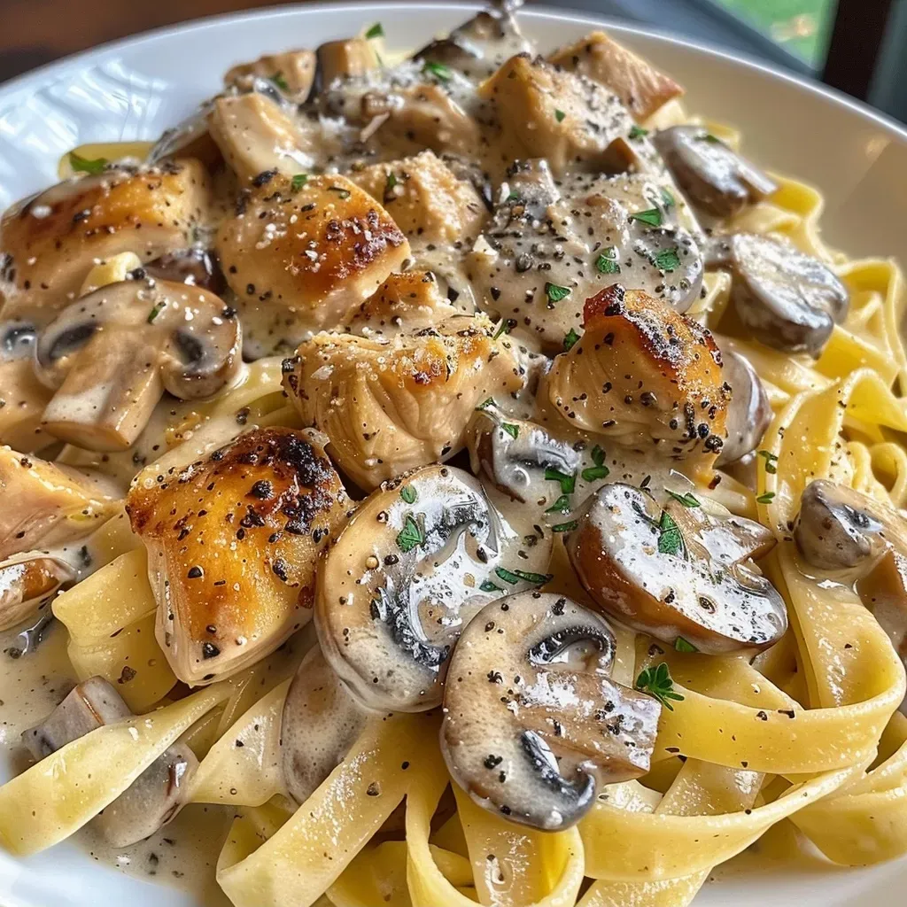 A side view of a plate of Chicken Mushroom Fettuccine, highlighting tender noodles and rich cream.