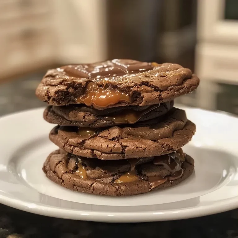 Close-up of a chocolate caramel cookie, showing gooey caramel center.