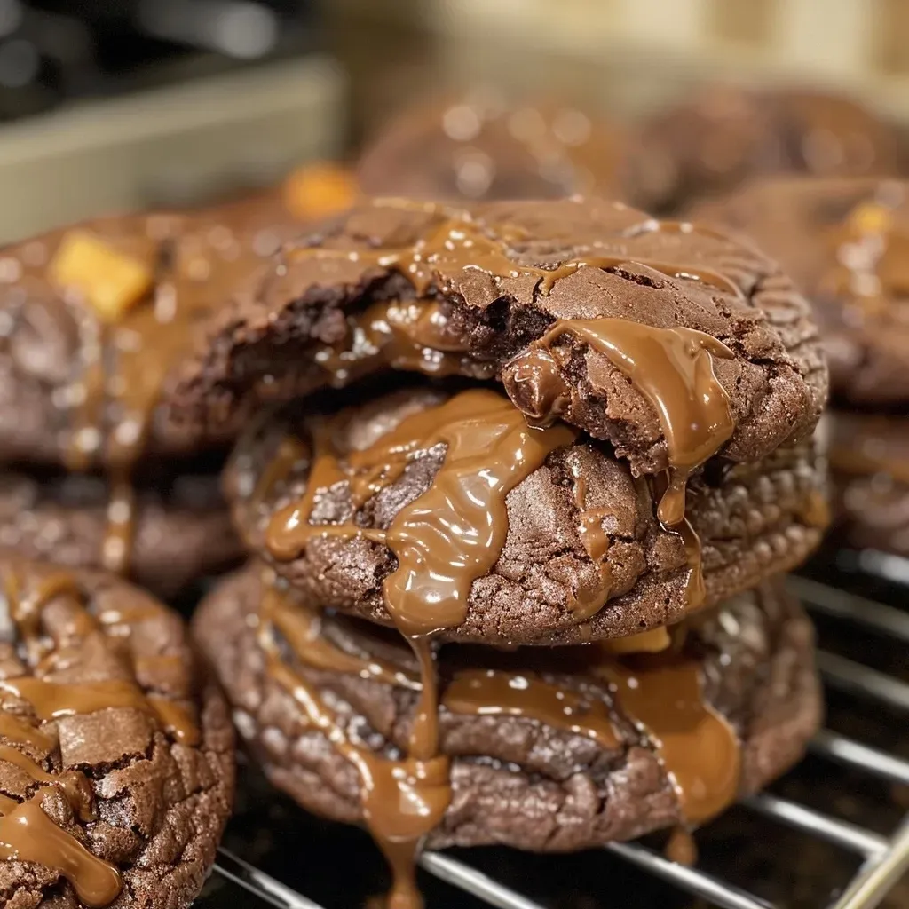 Side view of a thick chocolate cookie stuffed with melted caramel.