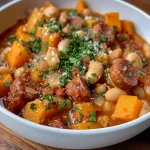 Close-up of a hearty Chorizo, Cannellini Bean, and Butternut Squash stew in a bowl.