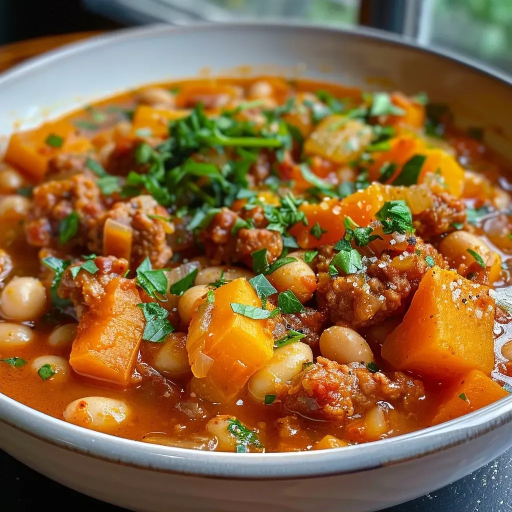 Side view of a steaming bowl of stew with chorizo, beans, and butternut squash.