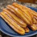 Close-up of golden brown churros dusted with sugar and cinnamon.