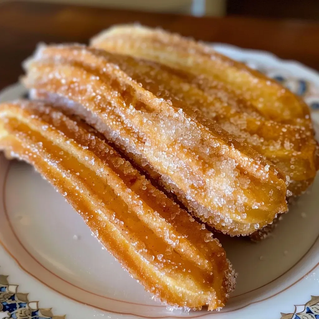 Side view of crispy churros, showcasing their texture and coating.