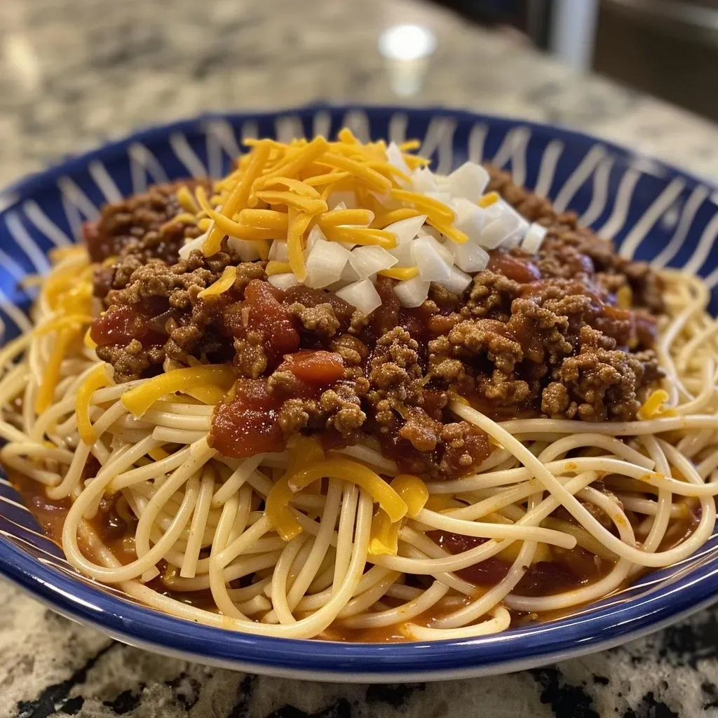 A close-up view of Cincinnati Chili topped with shredded cheese and oyster crackers.