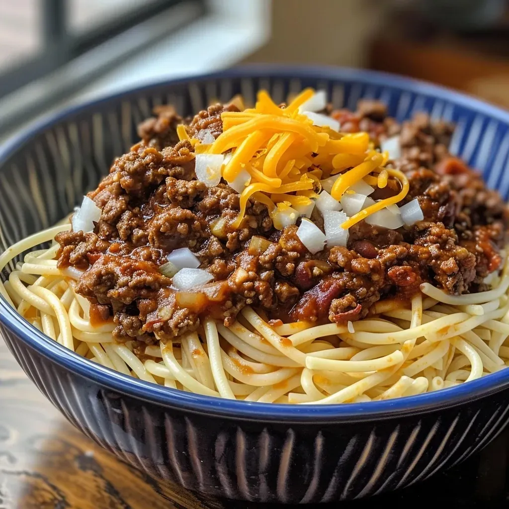 Side angle of a hearty bowl of Cincinnati Chili with kidney beans and spaghetti.
