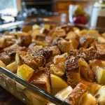 Close-up side view of a delicious cinnamon apple baked French toast casserole, featuring chunks of bread and apple slices topped with a golden crust.