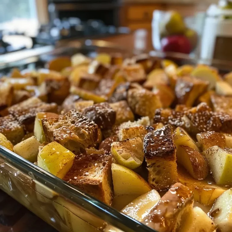 Awakening Mornings: The Cinnamon Apple Baked French Toast Casserole That Turns Any Breakfast into a Celebration Close-up side view of a delicious cinnamon apple baked French toast casserole, featuring chunks of bread and apple slices topped with a golden crust.